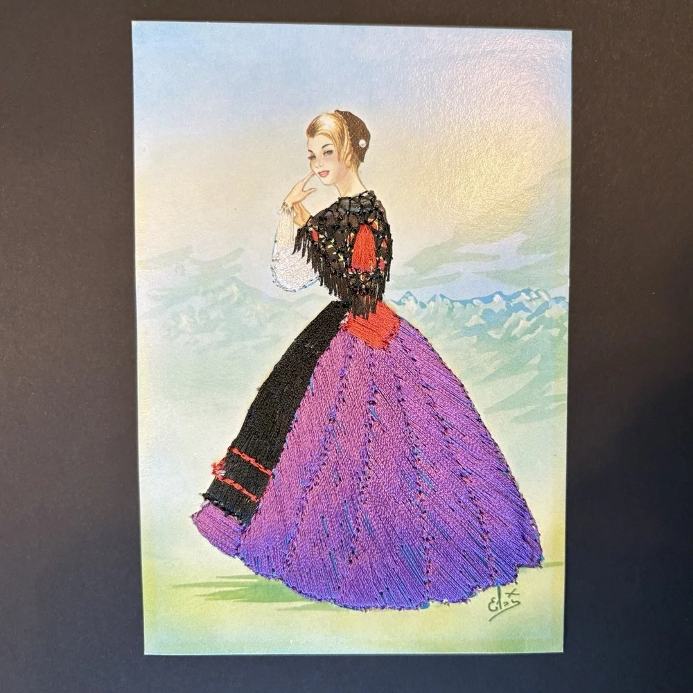 Vintage Embroidered Card of Woman Wearing Swiss National Costume Purple Black